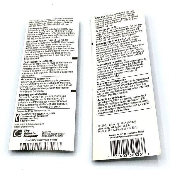 1996 Parker Ball Pen Refill Black 30316 & Blue 30326 Ink Medium 1.0 mm Set Of 2 - Picture 2 of 4